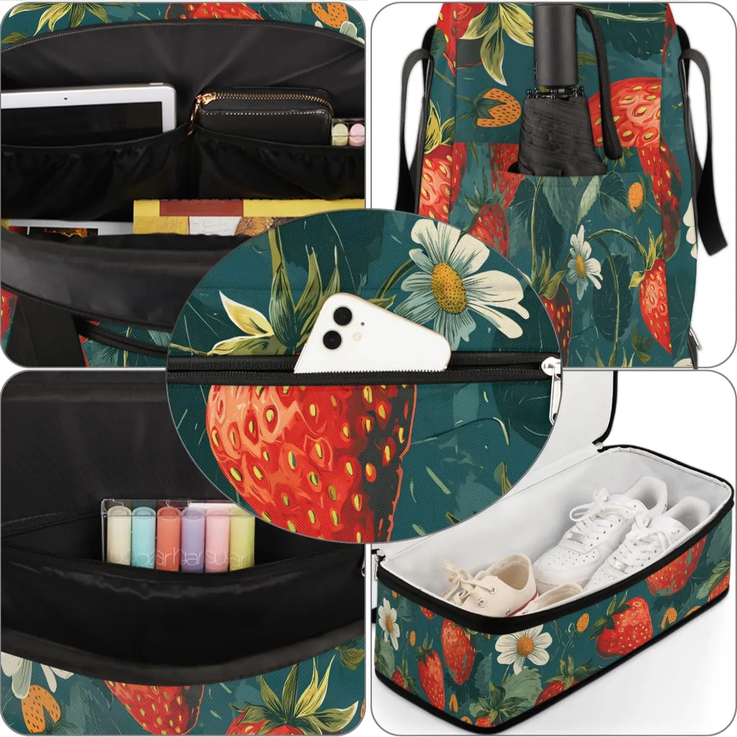 Sports Duffel Bag, Foldable Strawberry Travel Duffel Bag, Gym Yoga Beach Bag Weekender Overnight Bag with Shoes Compartment for Men Women, Cute Fruit Strawberry