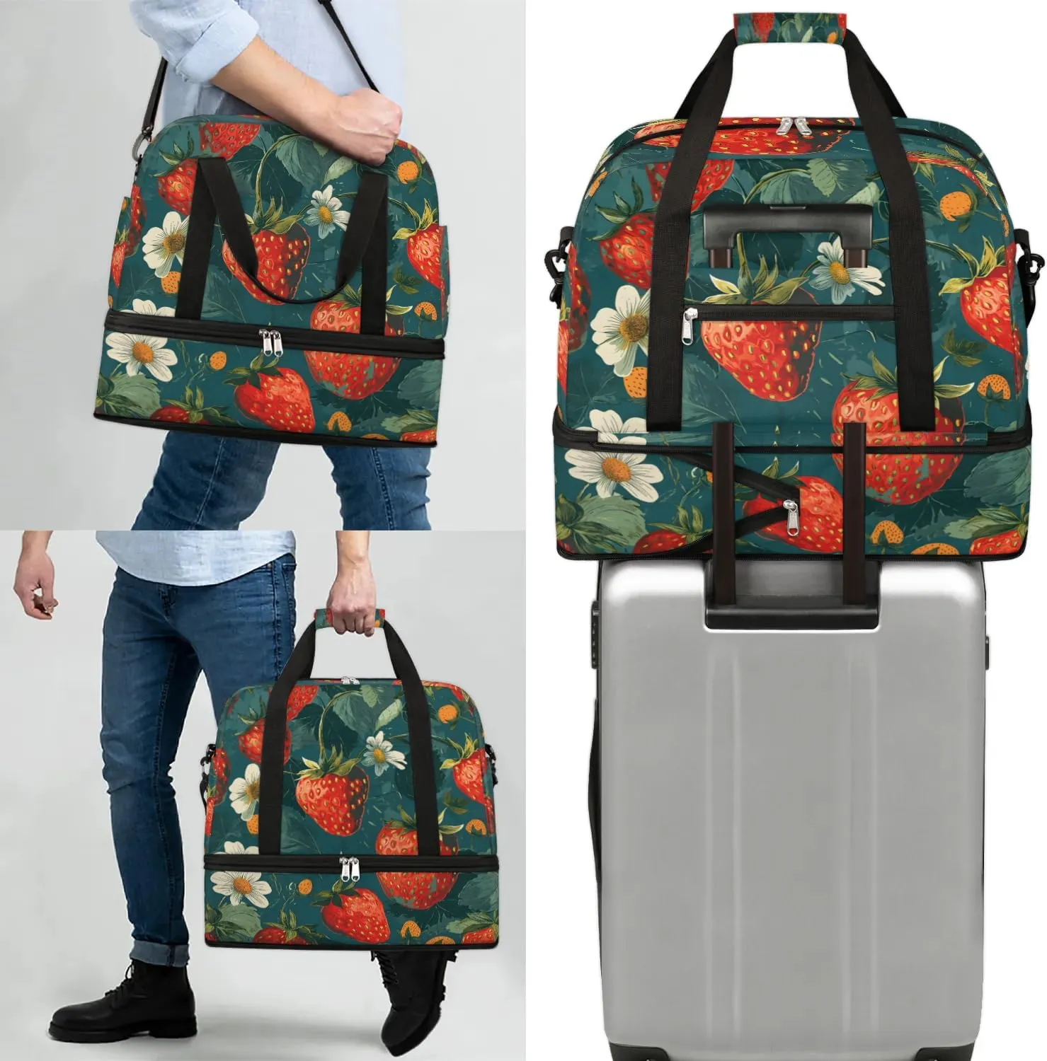 Sports Duffel Bag, Foldable Strawberry Travel Duffel Bag, Gym Yoga Beach Bag Weekender Overnight Bag with Shoes Compartment for Men Women, Cute Fruit Strawberry