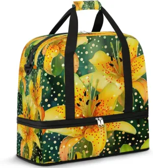 Sports Duffel Bag, Foldable Summer Lily Travel Duffel Bag, Gym Yoga Beach Bag Weekender Overnight Bag with Shoes Compartment for Men Women, Floral