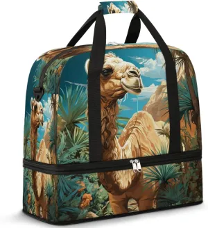 Sports Duffel Bag, Foldable Tropical Camels Travel Duffel Bag, Gym Yoga Beach Bag Weekender Overnight Bag with Shoes Compartment for Men Women, Animal