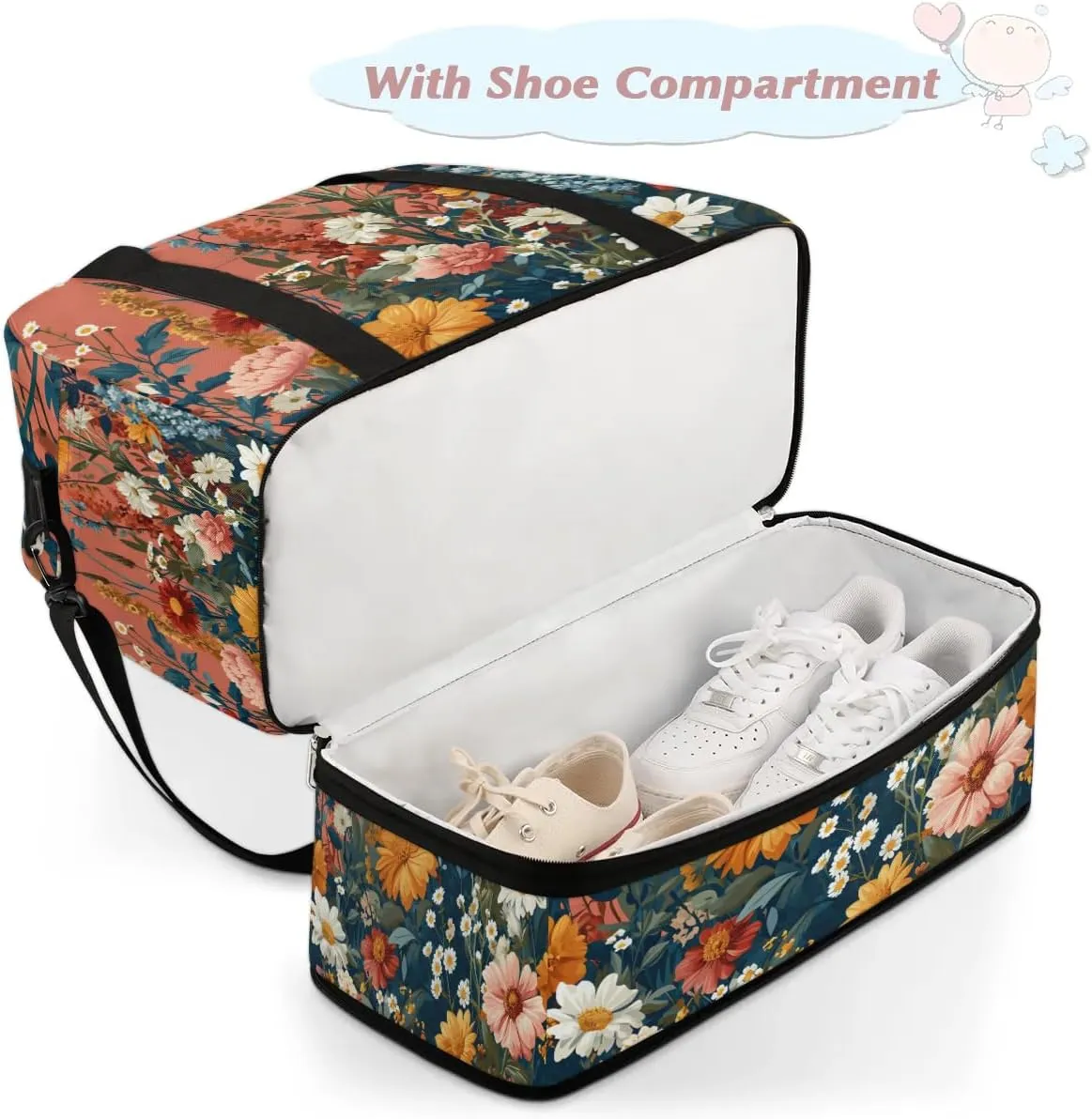 Sports Duffel Bag, Foldable Tropical Daisy Travel Duffel Bag, Gym Yoga Beach Bag Weekender Overnight Bag with Shoes Compartment for Men Women, Floral Spring