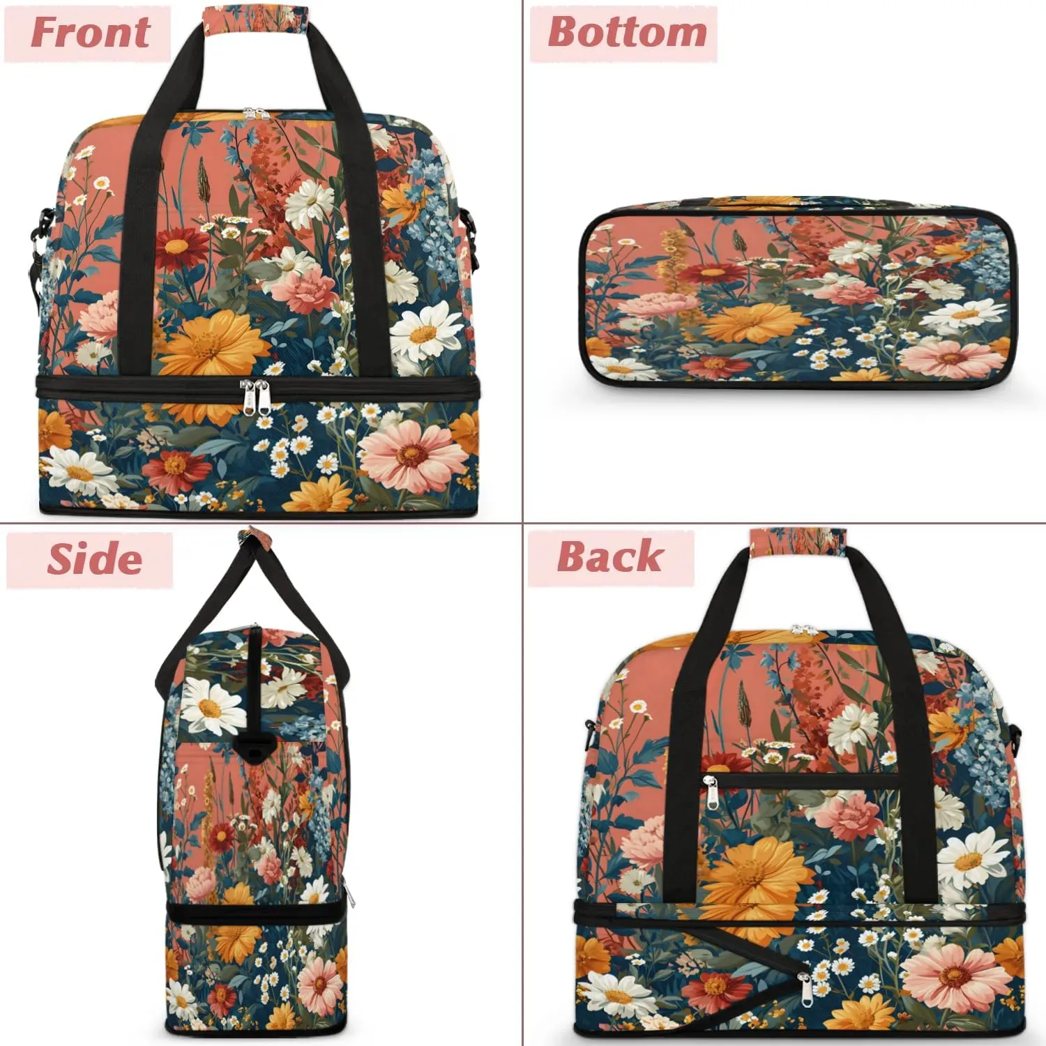 Sports Duffel Bag, Foldable Tropical Daisy Travel Duffel Bag, Gym Yoga Beach Bag Weekender Overnight Bag with Shoes Compartment for Men Women, Floral Spring