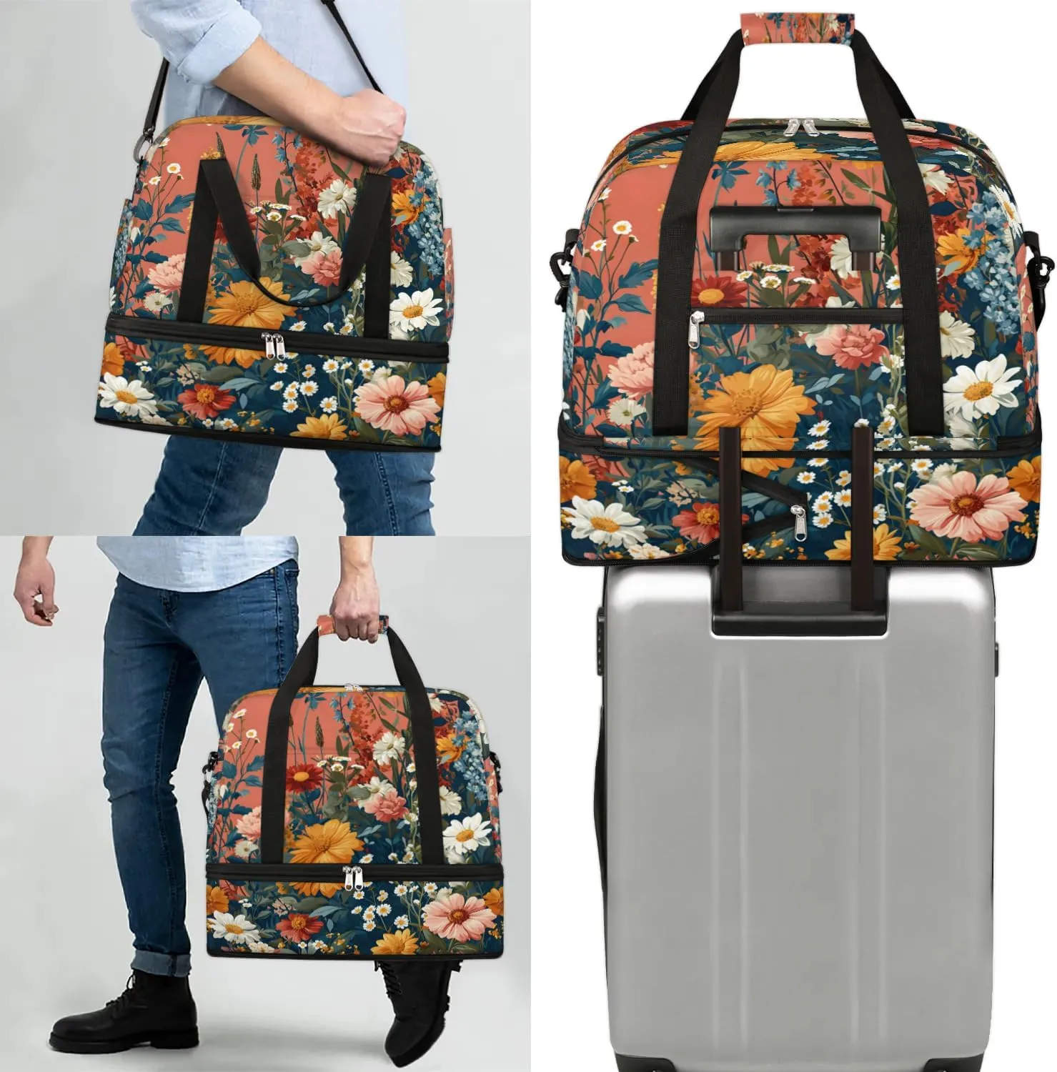 Sports Duffel Bag, Foldable Tropical Daisy Travel Duffel Bag, Gym Yoga Beach Bag Weekender Overnight Bag with Shoes Compartment for Men Women, Floral Spring