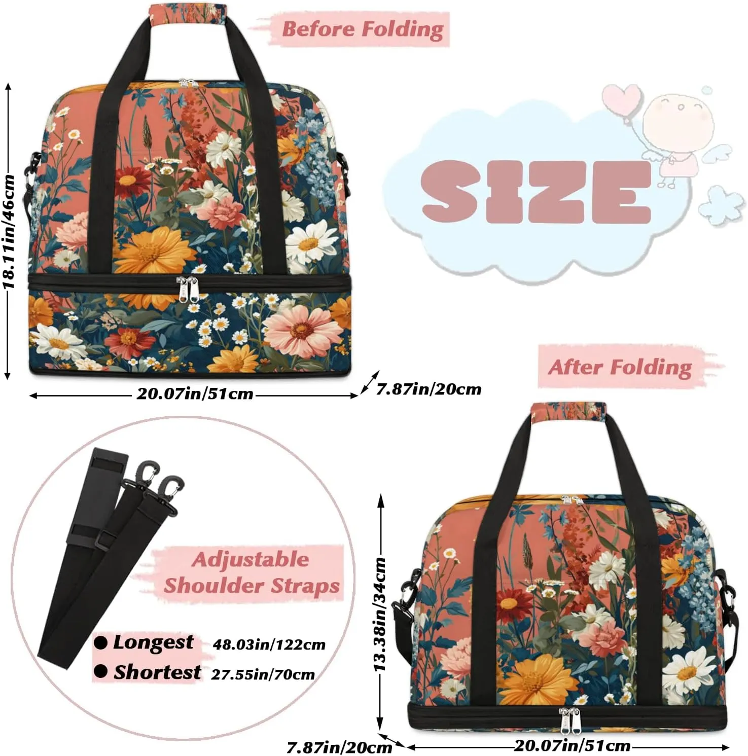 Sports Duffel Bag, Foldable Tropical Daisy Travel Duffel Bag, Gym Yoga Beach Bag Weekender Overnight Bag with Shoes Compartment for Men Women, Floral Spring