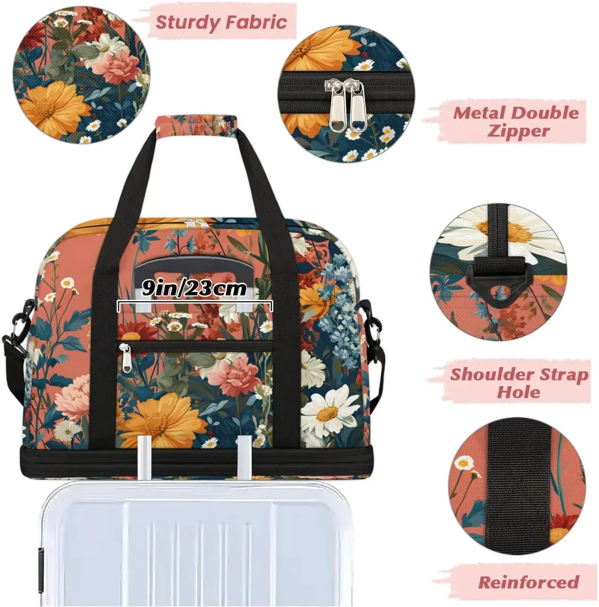Sports Duffel Bag, Foldable Tropical Daisy Travel Duffel Bag, Gym Yoga Beach Bag Weekender Overnight Bag with Shoes Compartment for Men Women, Floral Spring
