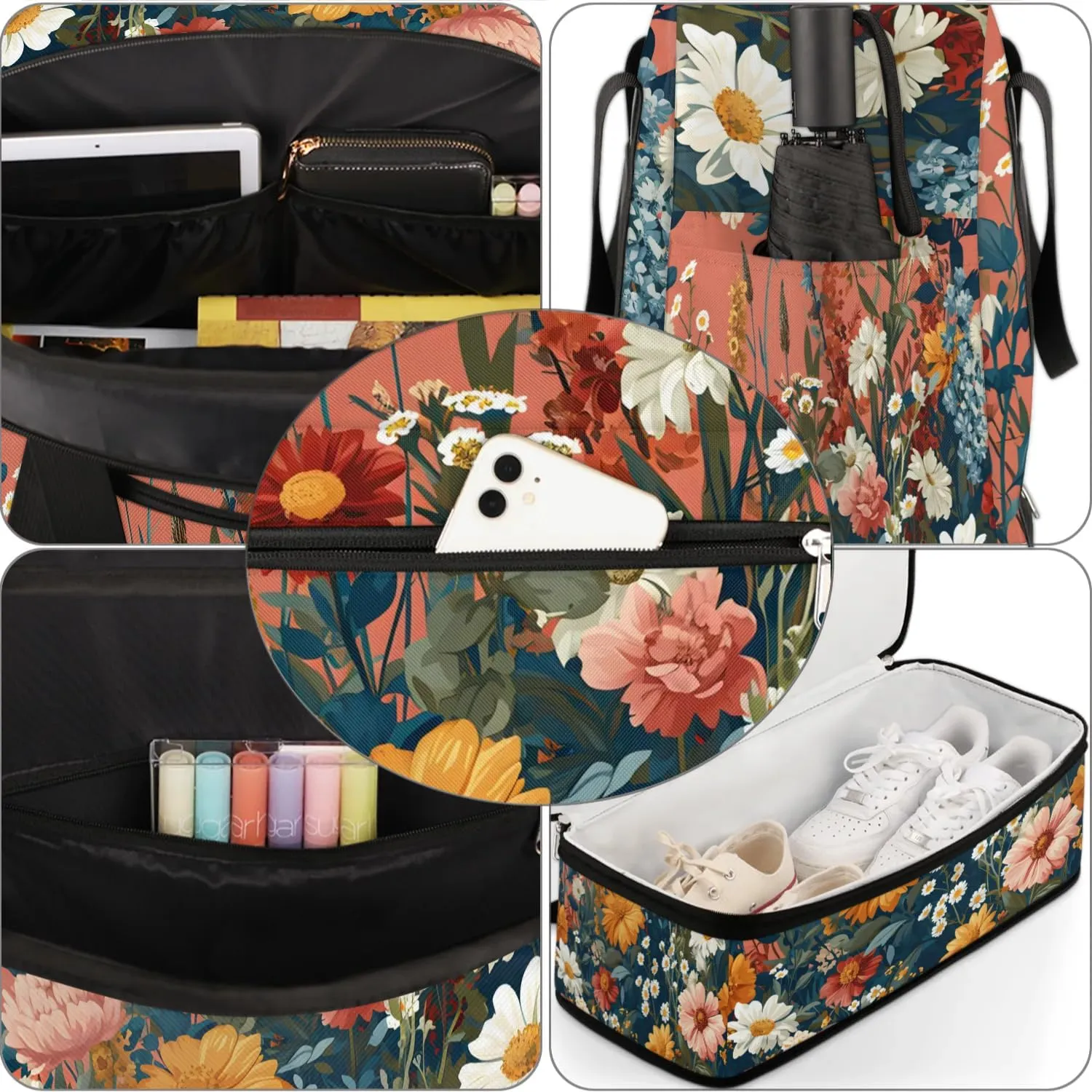 Sports Duffel Bag, Foldable Tropical Daisy Travel Duffel Bag, Gym Yoga Beach Bag Weekender Overnight Bag with Shoes Compartment for Men Women, Floral Spring