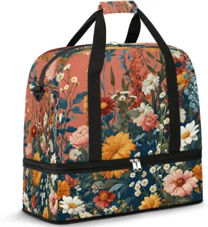 Sports Duffel Bag, Foldable Tropical Daisy Travel Duffel Bag, Gym Yoga Beach Bag Weekender Overnight Bag with Shoes Compartment for Men Women, Floral Spring