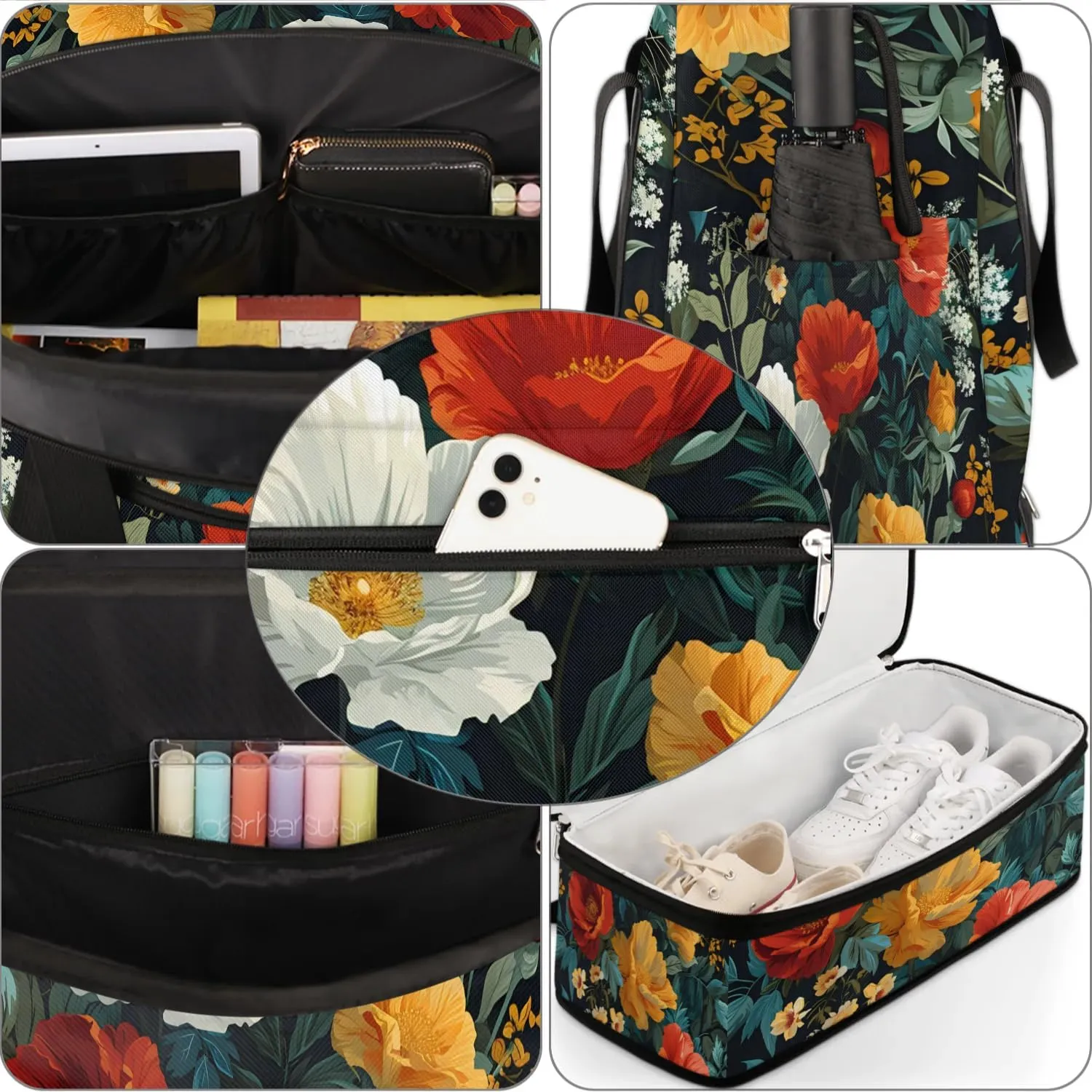 Sports Duffel Bag, Foldable Tropical Flower Travel Duffel Bag, Gym Yoga Beach Bag Weekender Overnight Bag with Shoes Compartment for Men Women, Boho Floral
