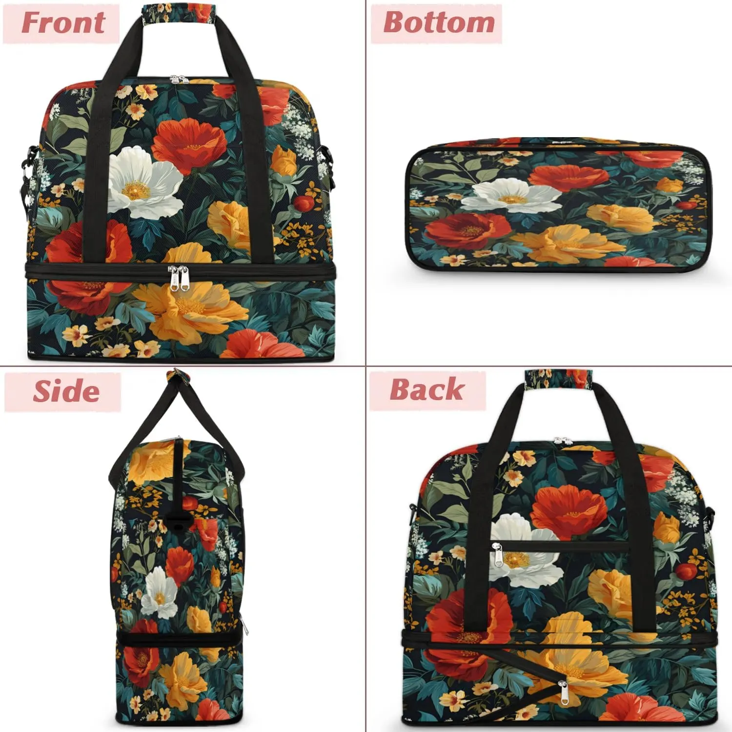 Sports Duffel Bag, Foldable Tropical Flower Travel Duffel Bag, Gym Yoga Beach Bag Weekender Overnight Bag with Shoes Compartment for Men Women, Boho Floral