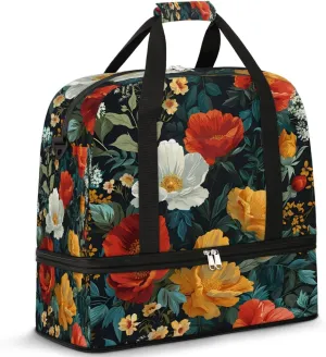 Sports Duffel Bag, Foldable Tropical Flower Travel Duffel Bag, Gym Yoga Beach Bag Weekender Overnight Bag with Shoes Compartment for Men Women, Boho Floral