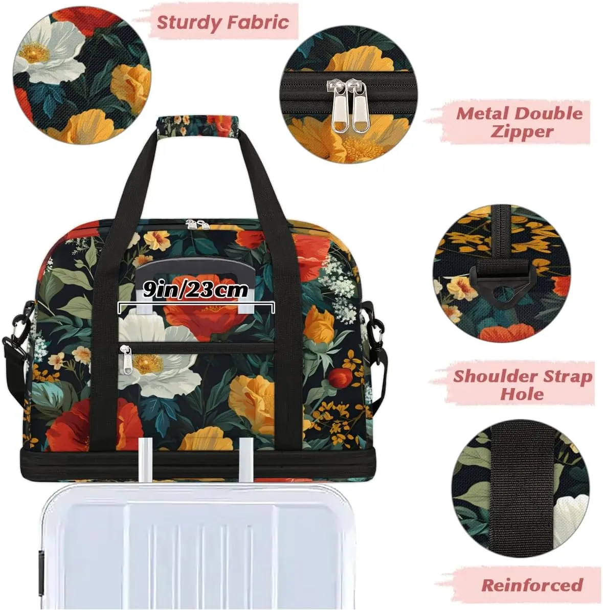 Sports Duffel Bag, Foldable Tropical Flower Travel Duffel Bag, Gym Yoga Beach Bag Weekender Overnight Bag with Shoes Compartment for Men Women, Boho Floral