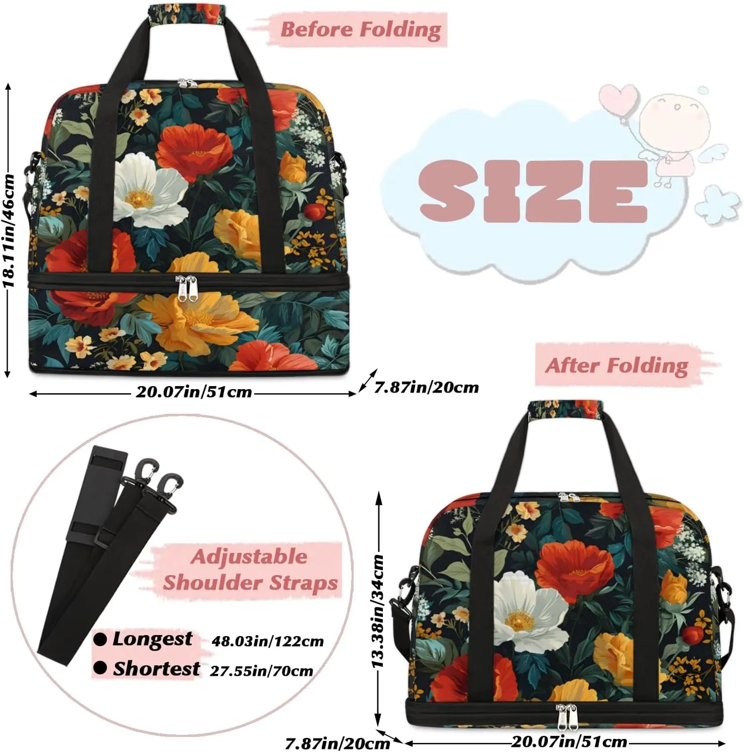 Sports Duffel Bag, Foldable Tropical Flower Travel Duffel Bag, Gym Yoga Beach Bag Weekender Overnight Bag with Shoes Compartment for Men Women, Boho Floral