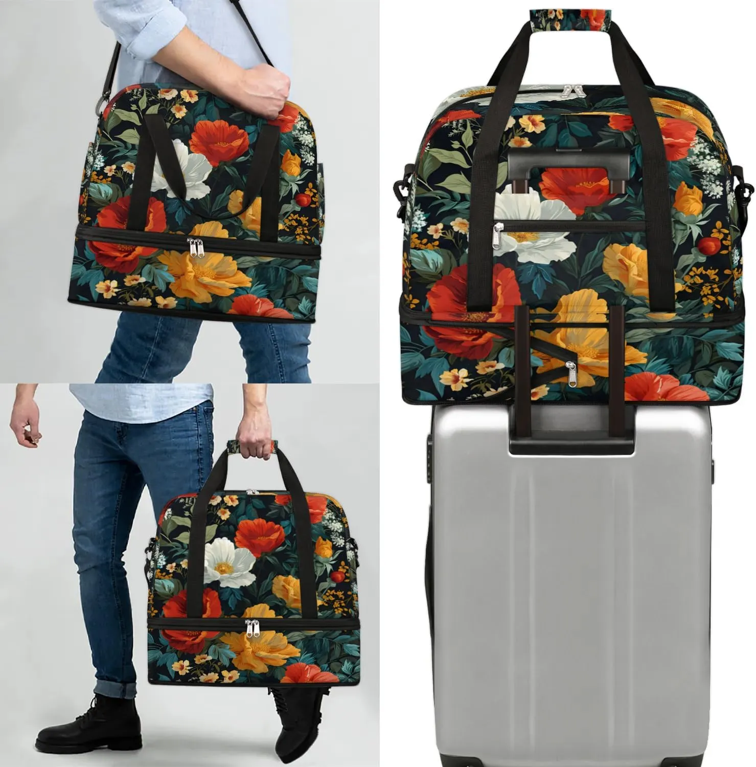 Sports Duffel Bag, Foldable Tropical Flower Travel Duffel Bag, Gym Yoga Beach Bag Weekender Overnight Bag with Shoes Compartment for Men Women, Boho Floral