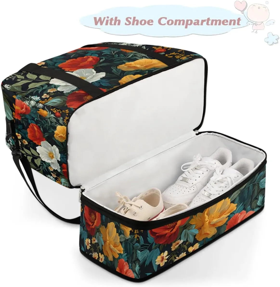 Sports Duffel Bag, Foldable Tropical Flower Travel Duffel Bag, Gym Yoga Beach Bag Weekender Overnight Bag with Shoes Compartment for Men Women, Boho Floral