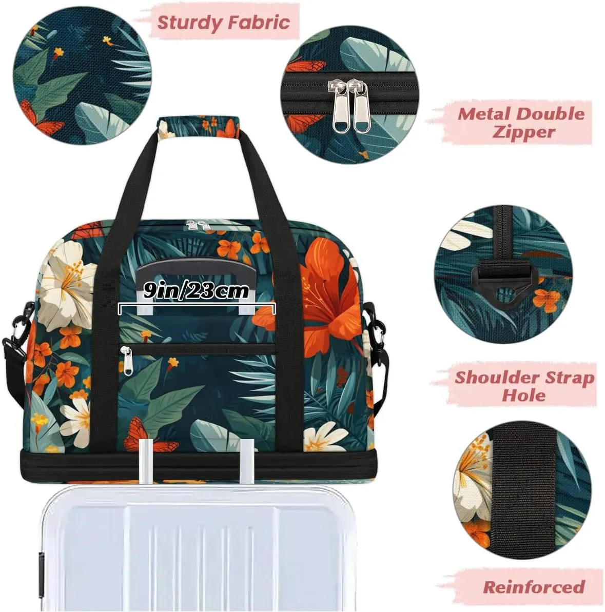 Sports Duffel Bag, Foldable Tropical Flower Travel Duffel Bag, Gym Yoga Beach Bag Weekender Overnight Bag with Shoes Compartment for Men Women, Green Palm Leaf