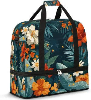 Sports Duffel Bag, Foldable Tropical Flower Travel Duffel Bag, Gym Yoga Beach Bag Weekender Overnight Bag with Shoes Compartment for Men Women, Green Palm Leaf