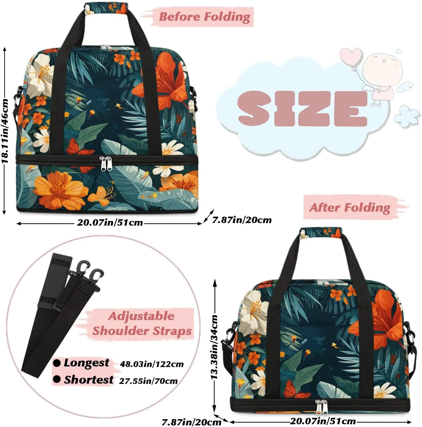 Sports Duffel Bag, Foldable Tropical Flower Travel Duffel Bag, Gym Yoga Beach Bag Weekender Overnight Bag with Shoes Compartment for Men Women, Green Palm Leaf