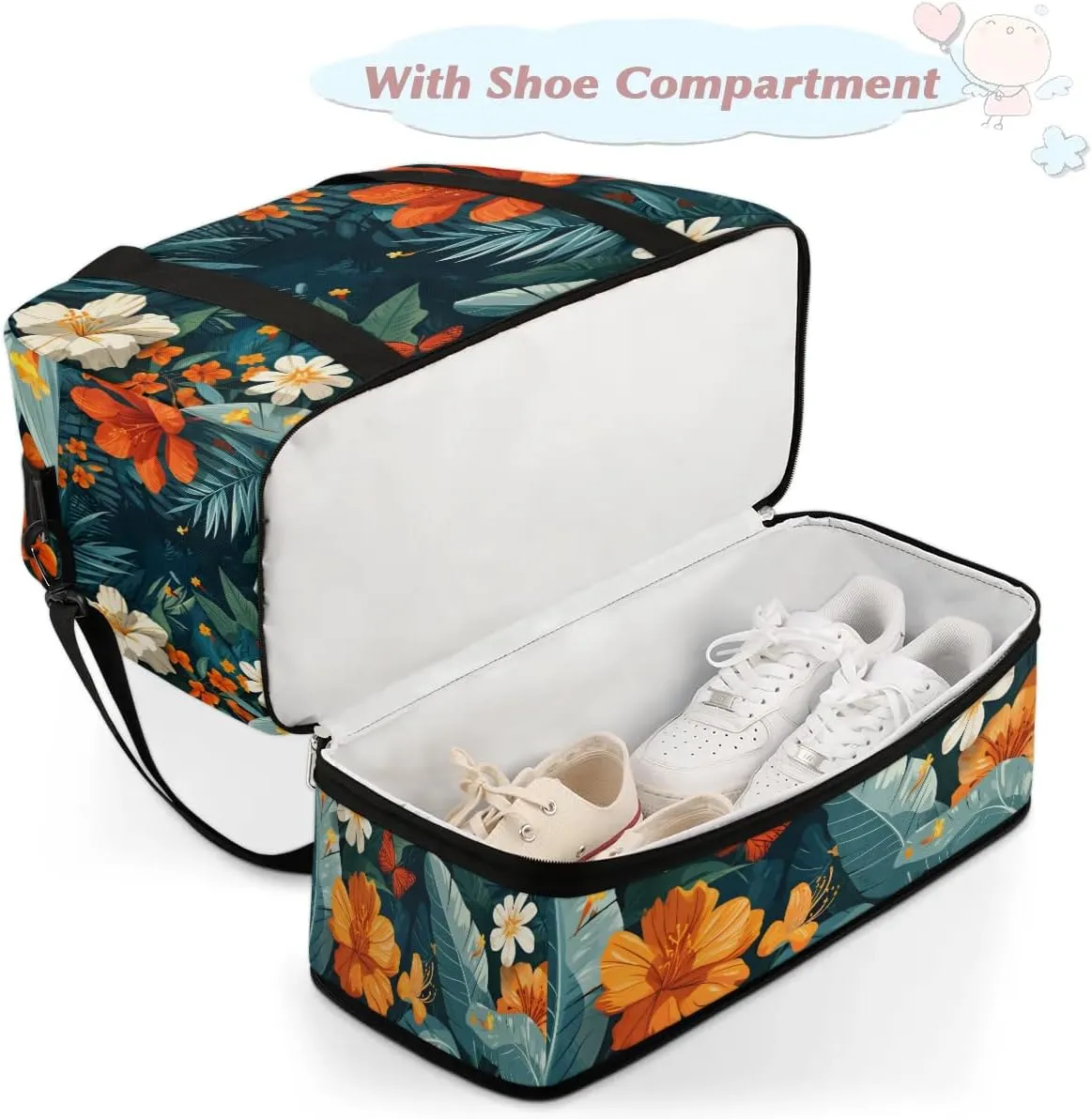 Sports Duffel Bag, Foldable Tropical Flower Travel Duffel Bag, Gym Yoga Beach Bag Weekender Overnight Bag with Shoes Compartment for Men Women, Green Palm Leaf