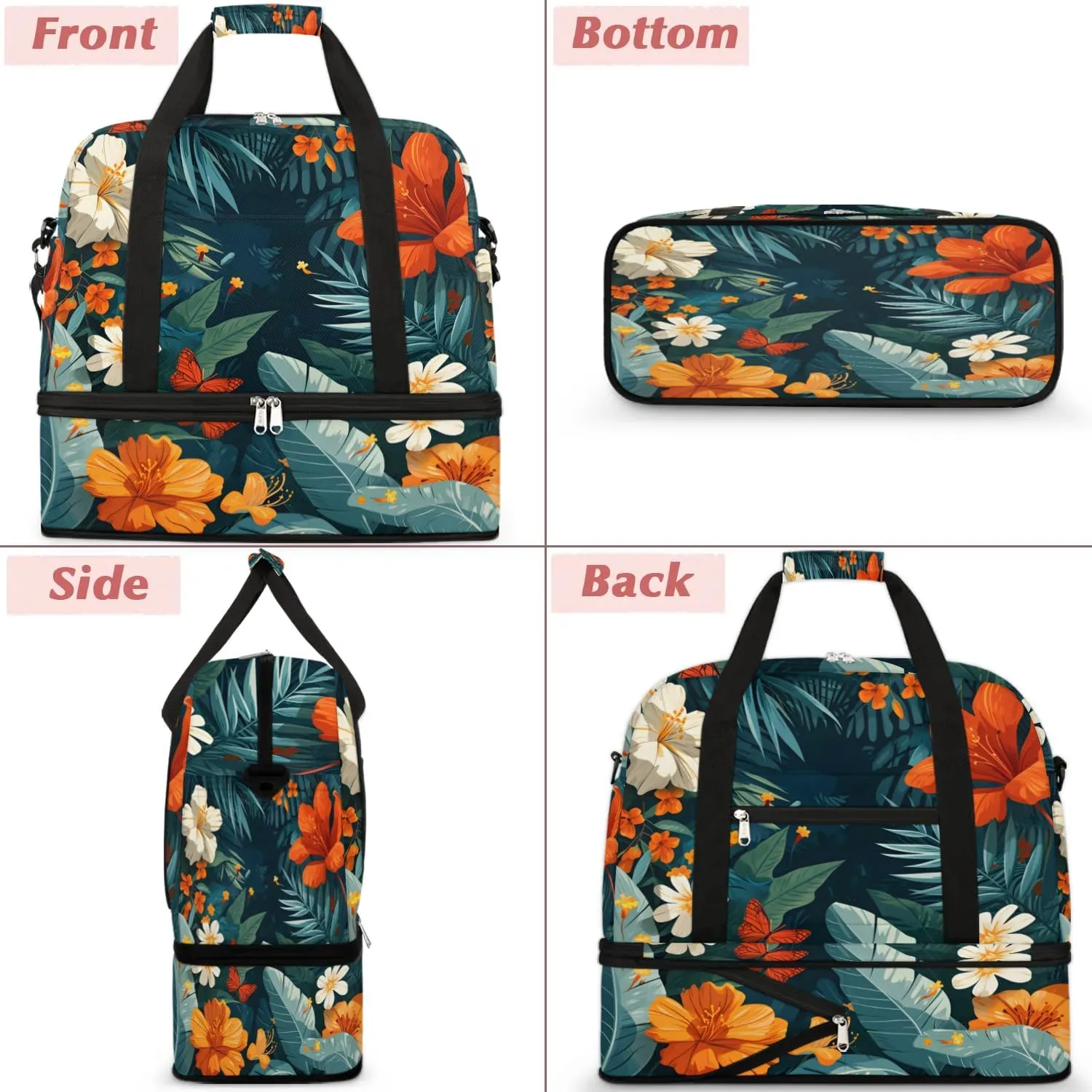 Sports Duffel Bag, Foldable Tropical Flower Travel Duffel Bag, Gym Yoga Beach Bag Weekender Overnight Bag with Shoes Compartment for Men Women, Green Palm Leaf
