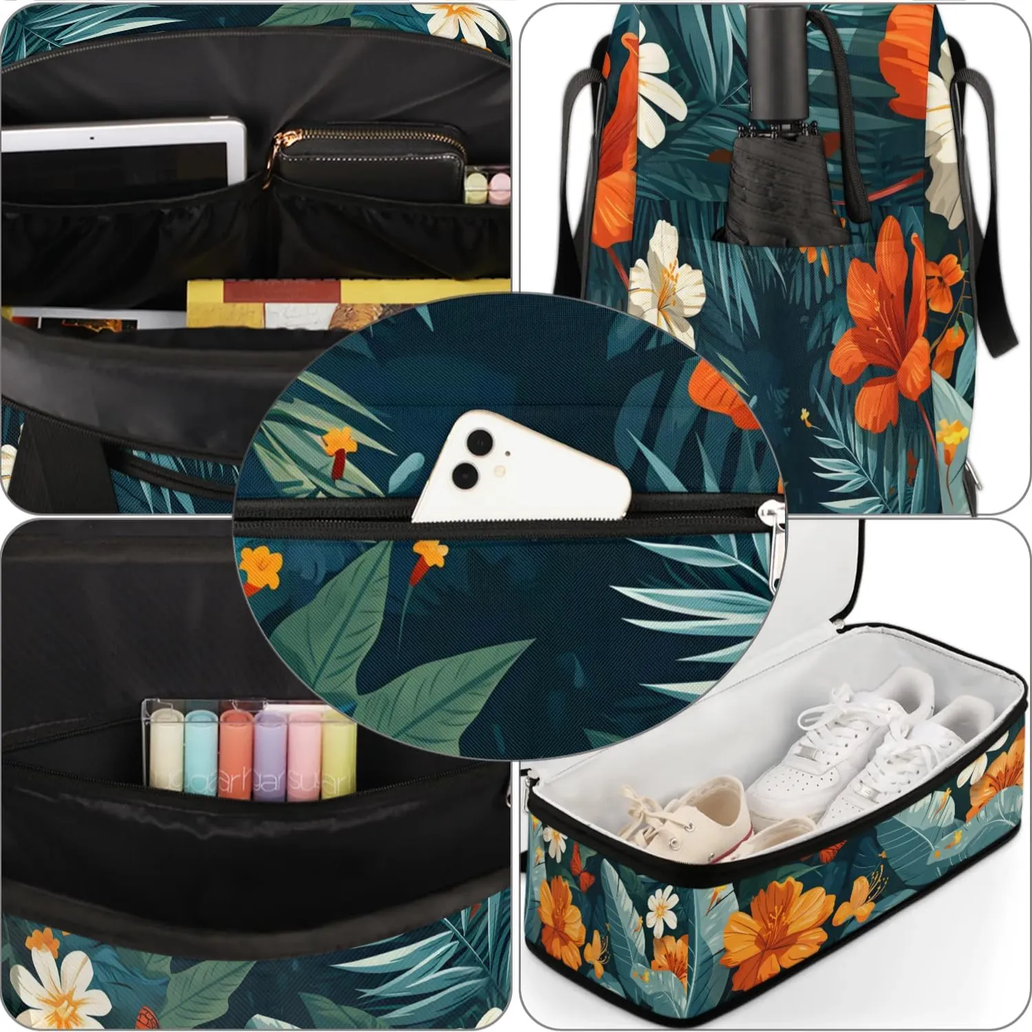 Sports Duffel Bag, Foldable Tropical Flower Travel Duffel Bag, Gym Yoga Beach Bag Weekender Overnight Bag with Shoes Compartment for Men Women, Green Palm Leaf