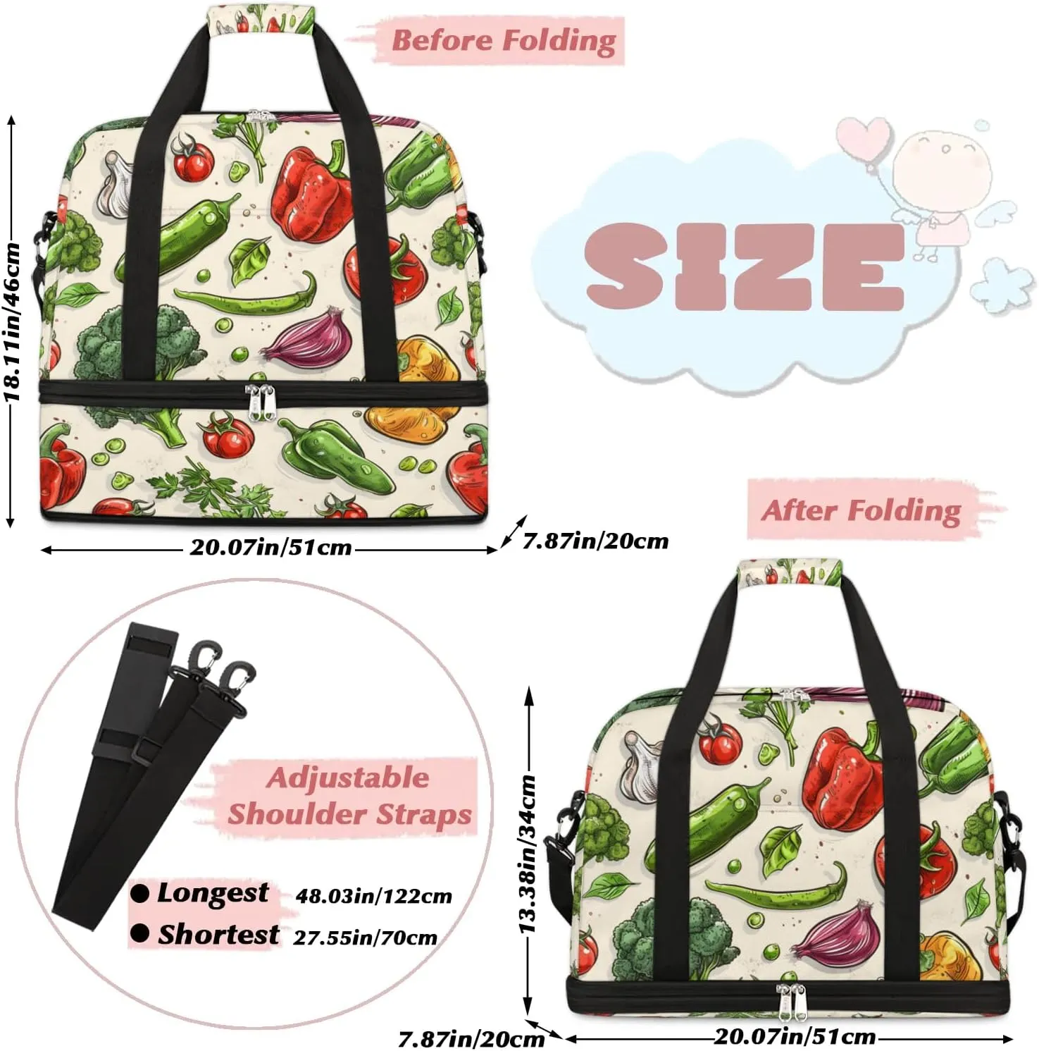 Sports Duffel Bag, Foldable Vegetables Travel Duffel Bag, Gym Yoga Beach Bag Weekender Overnight Bag with Shoes Compartment for Men Women, Vegetables