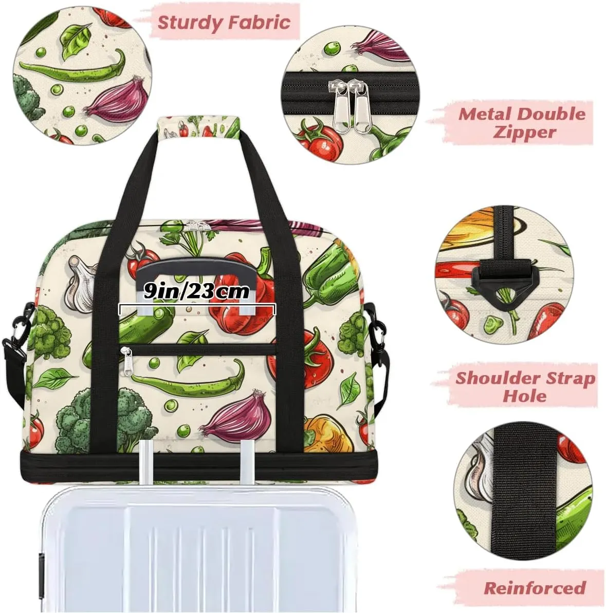 Sports Duffel Bag, Foldable Vegetables Travel Duffel Bag, Gym Yoga Beach Bag Weekender Overnight Bag with Shoes Compartment for Men Women, Vegetables