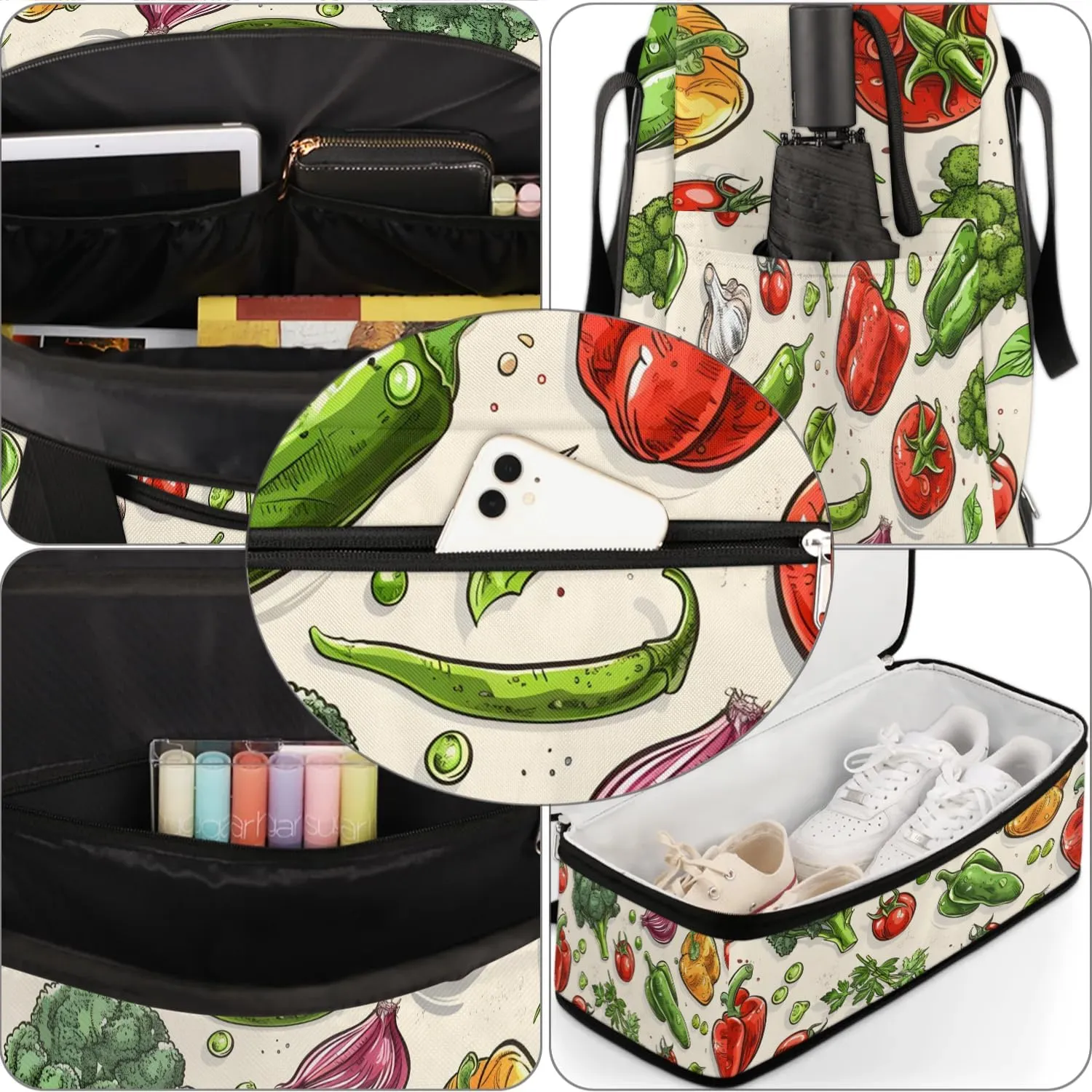 Sports Duffel Bag, Foldable Vegetables Travel Duffel Bag, Gym Yoga Beach Bag Weekender Overnight Bag with Shoes Compartment for Men Women, Vegetables