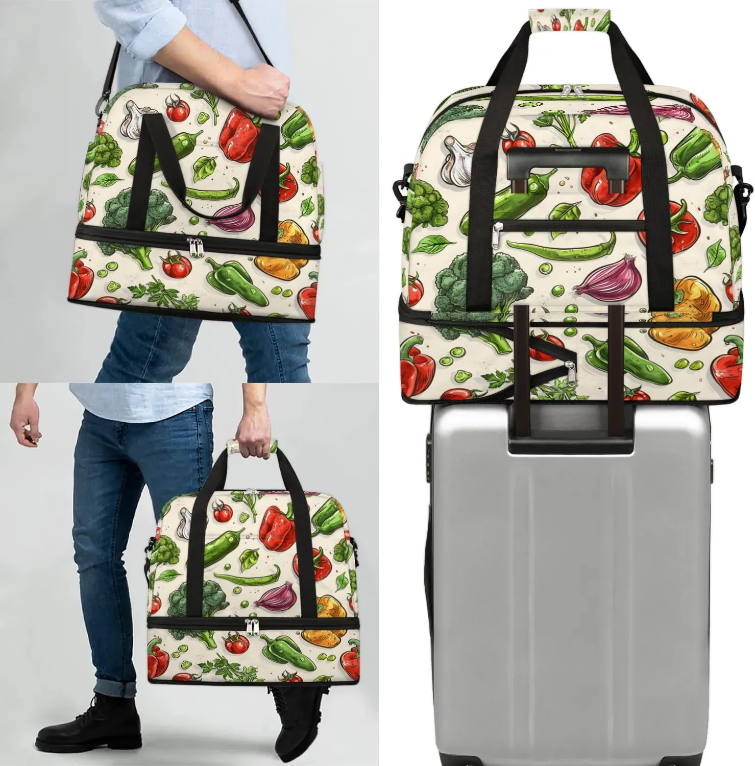 Sports Duffel Bag, Foldable Vegetables Travel Duffel Bag, Gym Yoga Beach Bag Weekender Overnight Bag with Shoes Compartment for Men Women, Vegetables