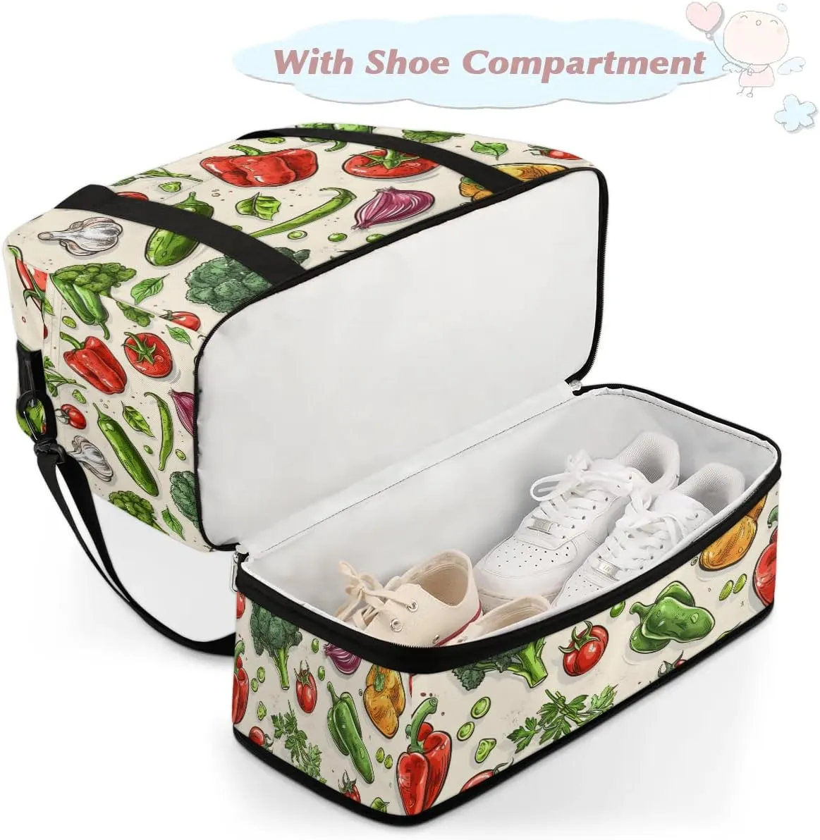 Sports Duffel Bag, Foldable Vegetables Travel Duffel Bag, Gym Yoga Beach Bag Weekender Overnight Bag with Shoes Compartment for Men Women, Vegetables