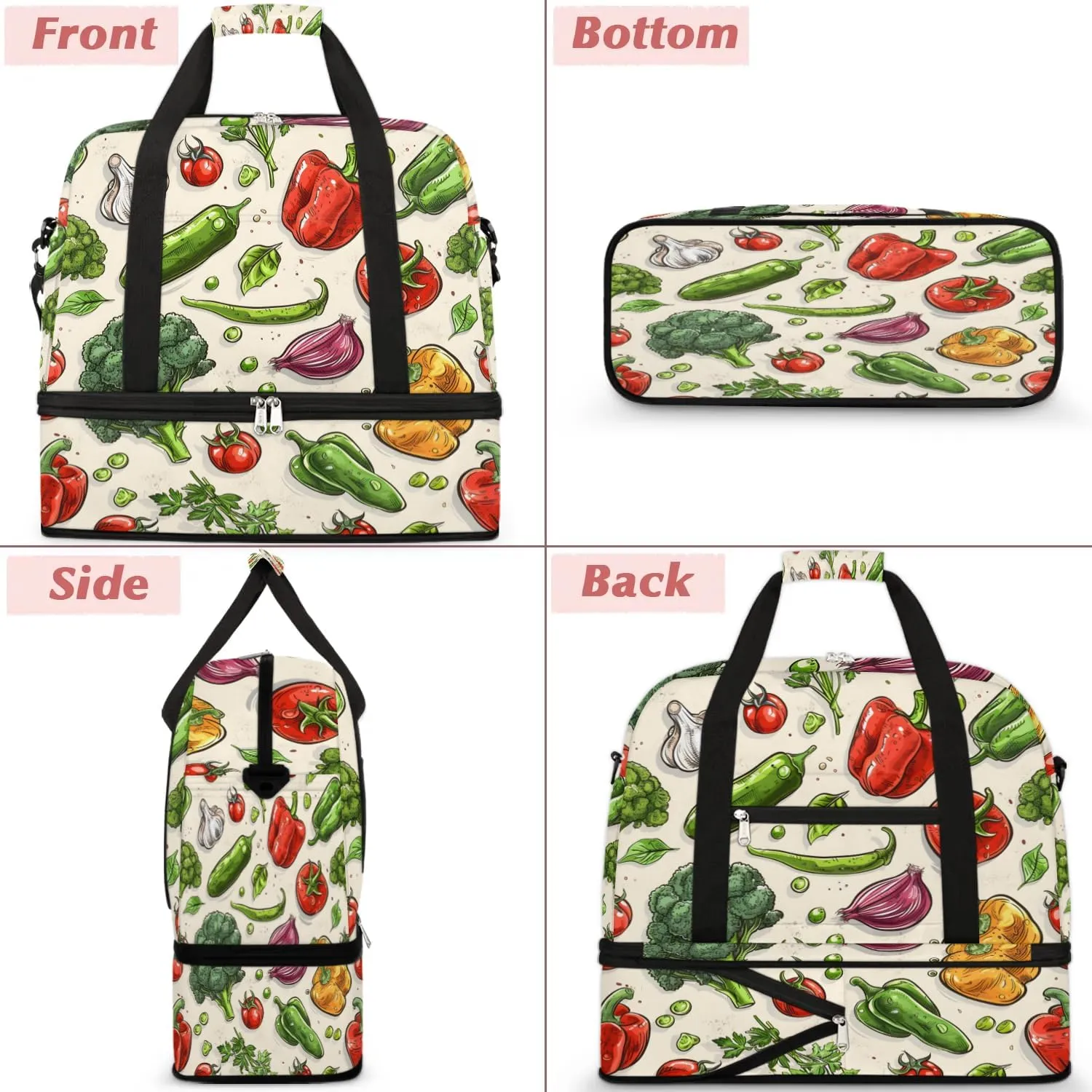 Sports Duffel Bag, Foldable Vegetables Travel Duffel Bag, Gym Yoga Beach Bag Weekender Overnight Bag with Shoes Compartment for Men Women, Vegetables