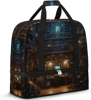 Sports Duffel Bag, Foldable Vintage Bookshelf Travel Duffel Bag, Gym Yoga Beach Bag Weekender Overnight Bag with Shoes Compartment for Men Women, Educational Bookcase