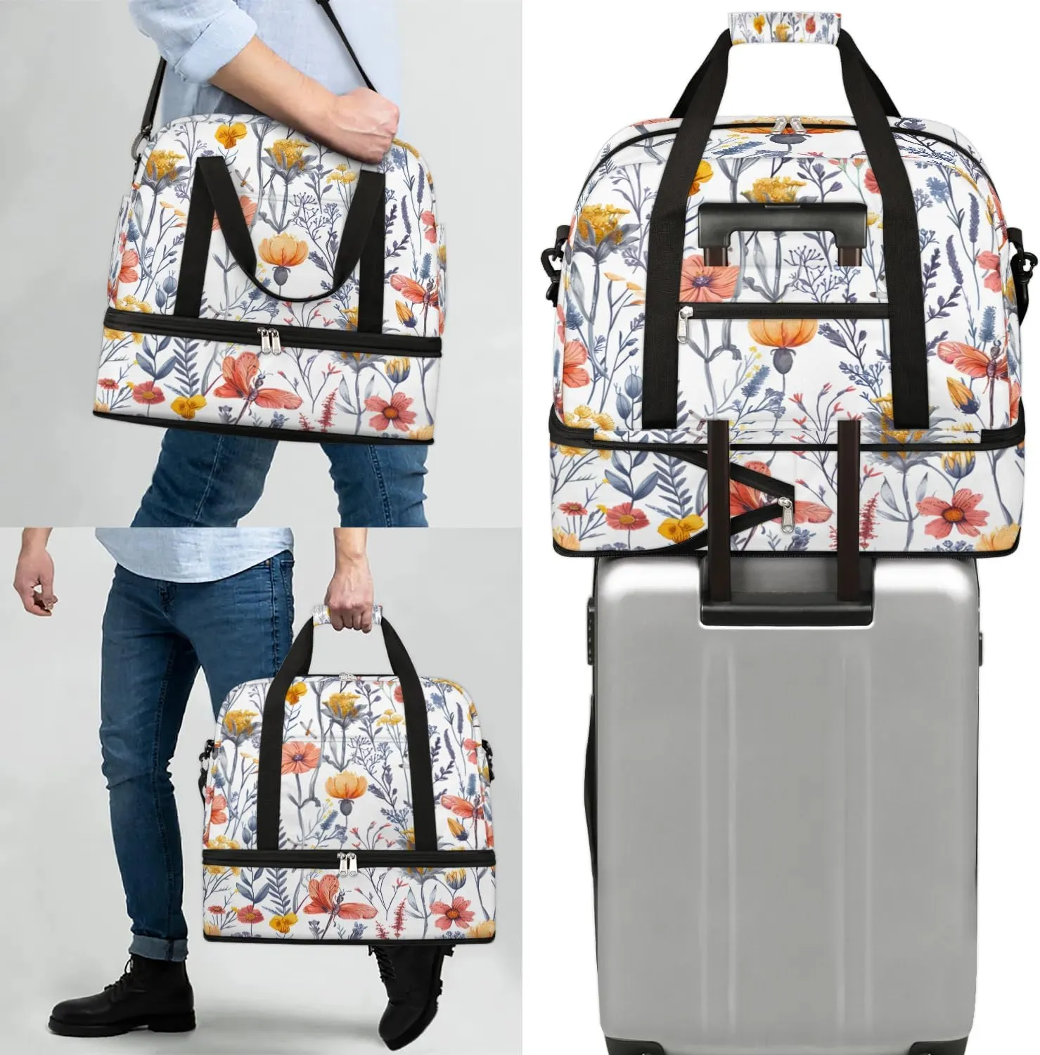 Sports Duffel Bag, Foldable Wild Flowers Travel Duffel Bag, Gym Yoga Beach Bag Weekender Overnight Bag with Shoes Compartment for Men Women, Summer Colorful Flowers Holiday