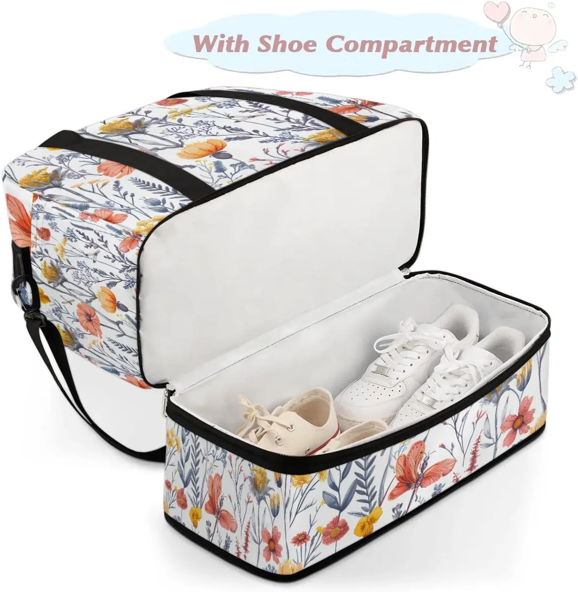 Sports Duffel Bag, Foldable Wild Flowers Travel Duffel Bag, Gym Yoga Beach Bag Weekender Overnight Bag with Shoes Compartment for Men Women, Summer Colorful Flowers Holiday