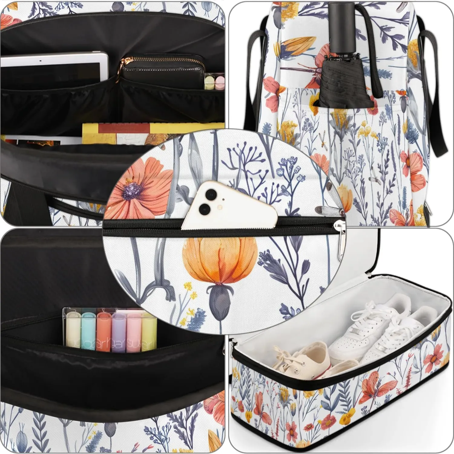 Sports Duffel Bag, Foldable Wild Flowers Travel Duffel Bag, Gym Yoga Beach Bag Weekender Overnight Bag with Shoes Compartment for Men Women, Summer Colorful Flowers Holiday