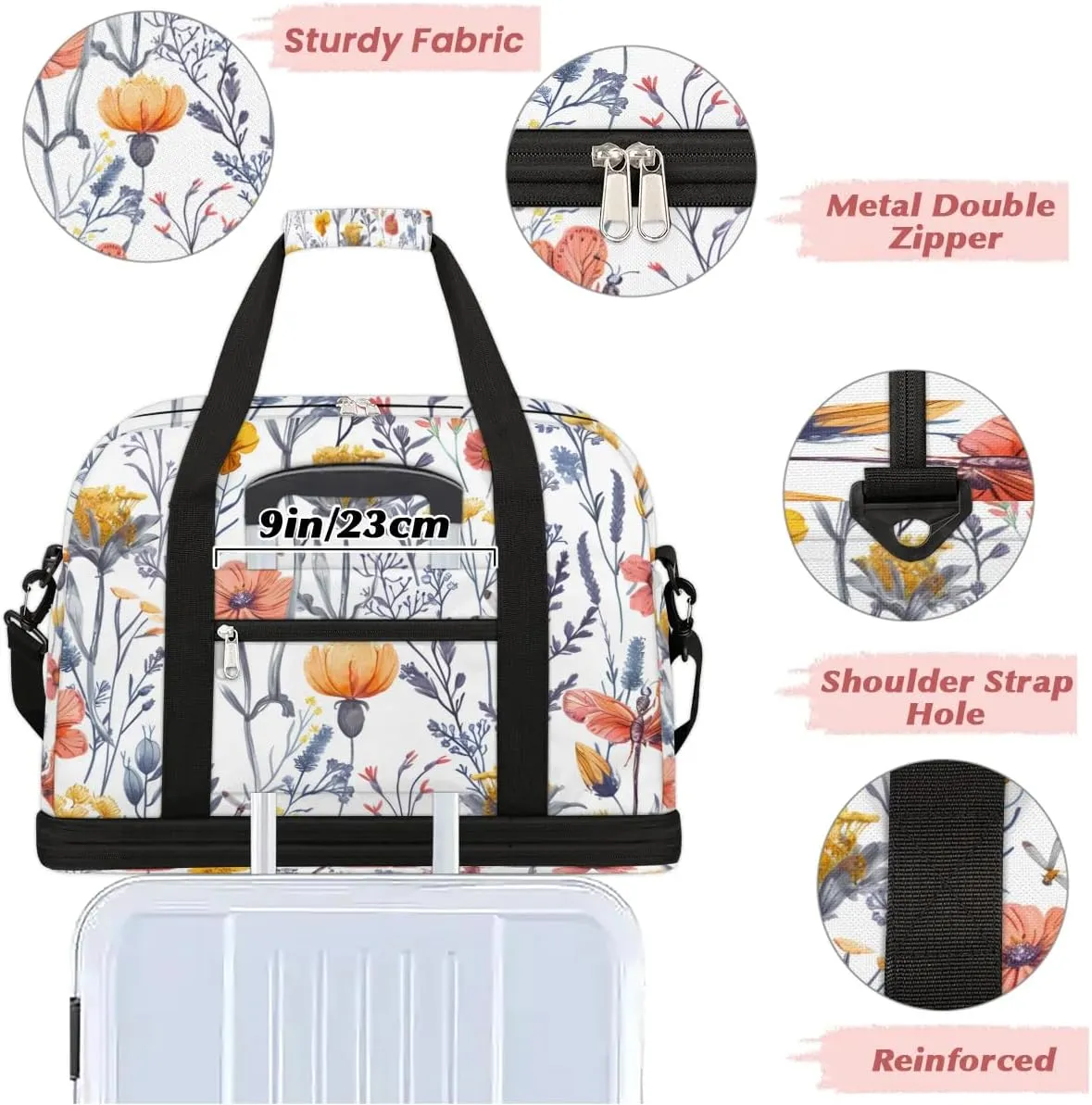 Sports Duffel Bag, Foldable Wild Flowers Travel Duffel Bag, Gym Yoga Beach Bag Weekender Overnight Bag with Shoes Compartment for Men Women, Summer Colorful Flowers Holiday