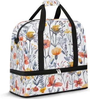 Sports Duffel Bag, Foldable Wild Flowers Travel Duffel Bag, Gym Yoga Beach Bag Weekender Overnight Bag with Shoes Compartment for Men Women, Summer Colorful Flowers Holiday