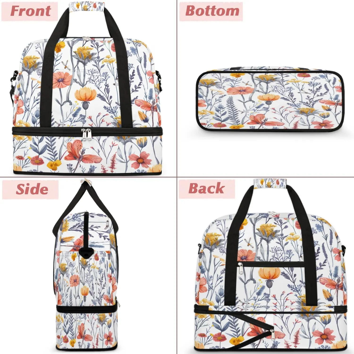 Sports Duffel Bag, Foldable Wild Flowers Travel Duffel Bag, Gym Yoga Beach Bag Weekender Overnight Bag with Shoes Compartment for Men Women, Summer Colorful Flowers Holiday