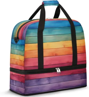 Sports Duffel Bag, Foldable Wood Grain Travel Duffel Bag, Gym Yoga Beach Bag Weekender Overnight Bag with Shoes Compartment for Men Women, Colorful Stripes
