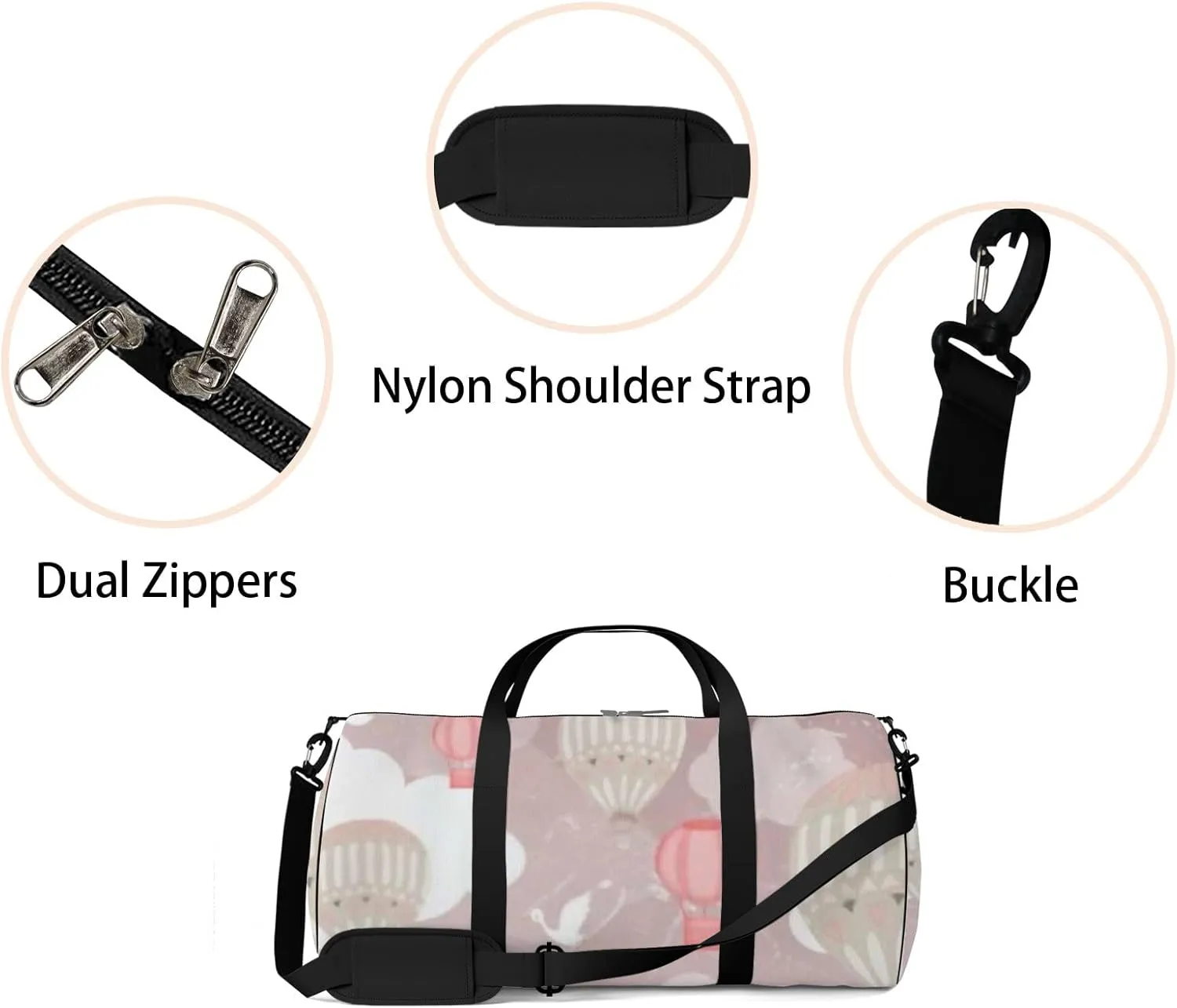 Sports Gym Bag for Women and Men Waterproof 3d Hot Air Balloons Storks Pink Duffel Bag Lightweight Carryon Traveling Boarding Gripsack