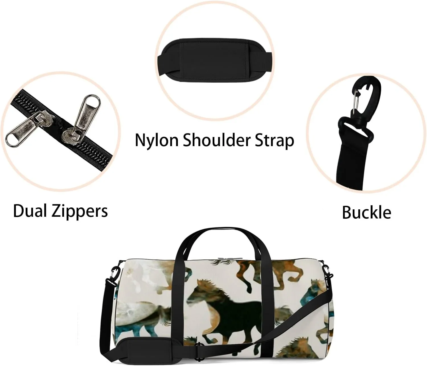 Sports Gym Bag for Women and Men Waterproof Abstract Watercolor Marbling Horses Duffel Bag Lightweight Carryon Traveling Boarding Gripsack