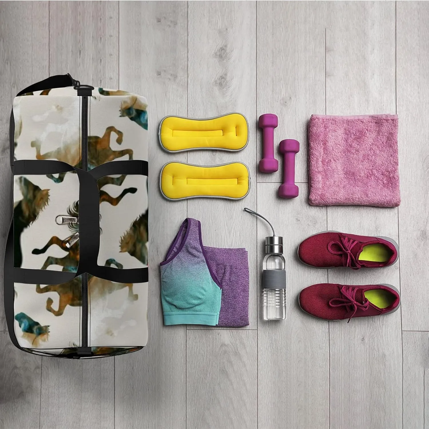 Sports Gym Bag for Women and Men Waterproof Abstract Watercolor Marbling Horses Duffel Bag Lightweight Carryon Traveling Boarding Gripsack