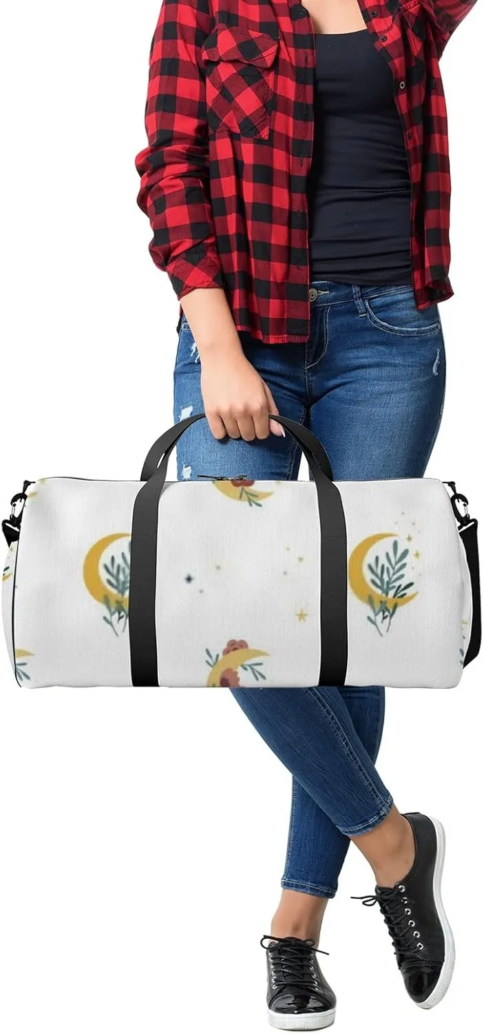 Sports Gym Bag for Women and Men Waterproof Boho Style Moon Flowers White Duffel Bag Lightweight Carryon Traveling Boarding Gripsack