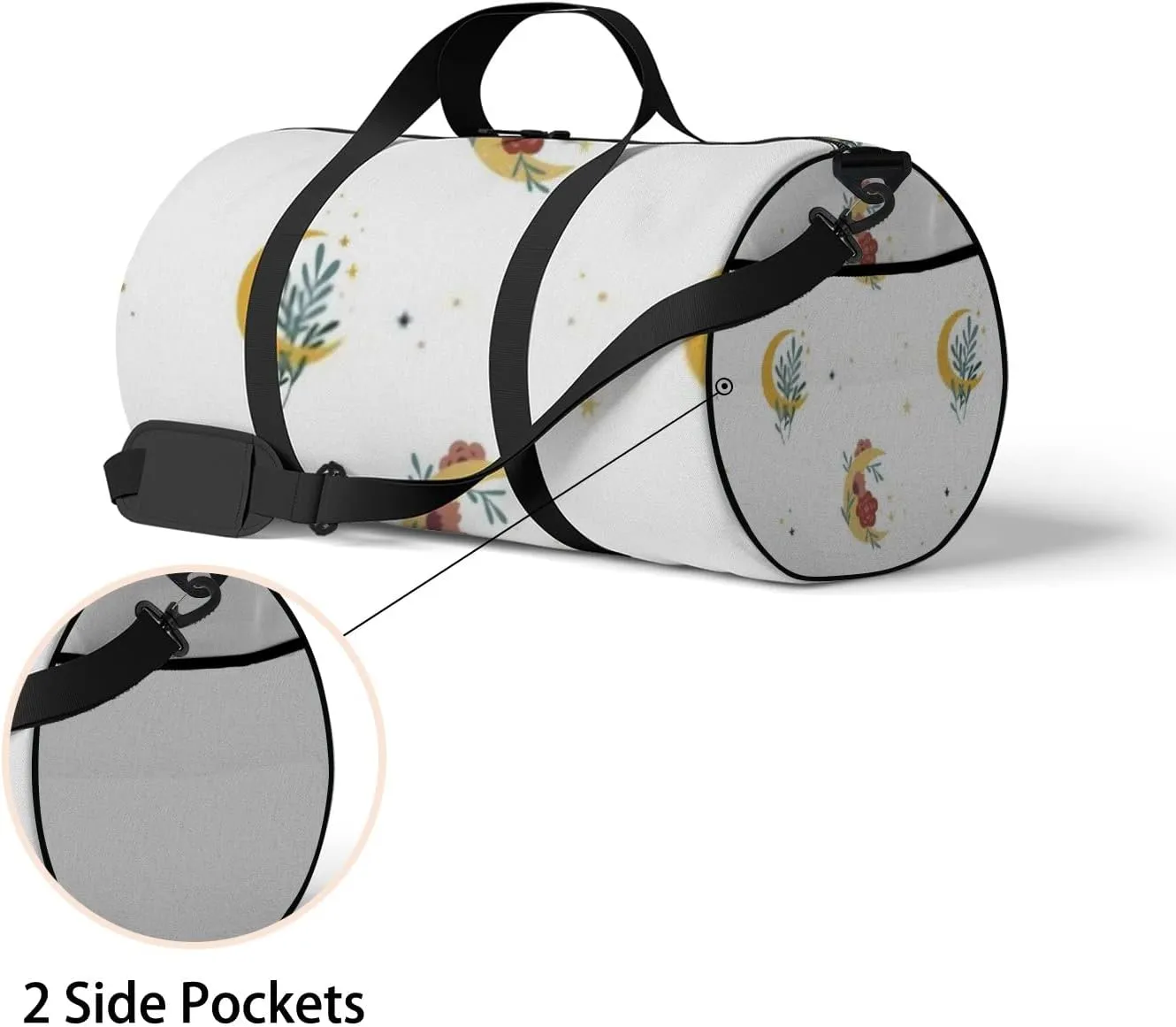 Sports Gym Bag for Women and Men Waterproof Boho Style Moon Flowers White Duffel Bag Lightweight Carryon Traveling Boarding Gripsack