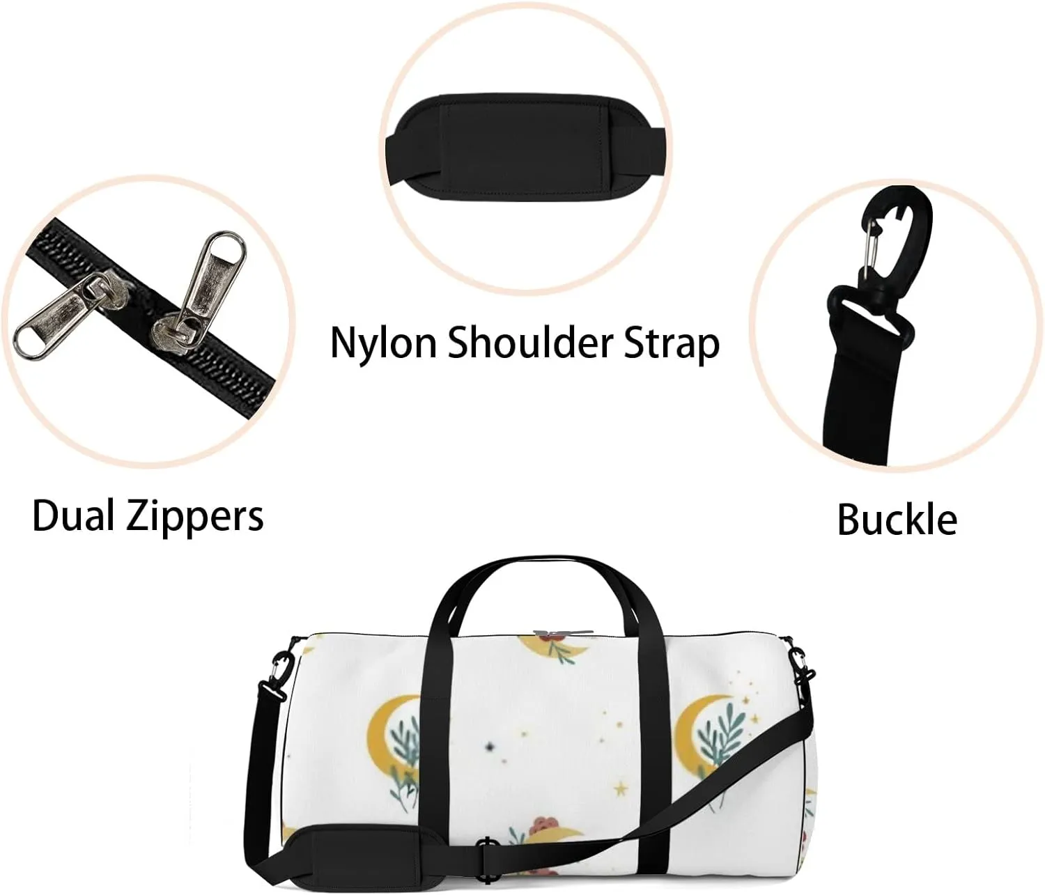 Sports Gym Bag for Women and Men Waterproof Boho Style Moon Flowers White Duffel Bag Lightweight Carryon Traveling Boarding Gripsack