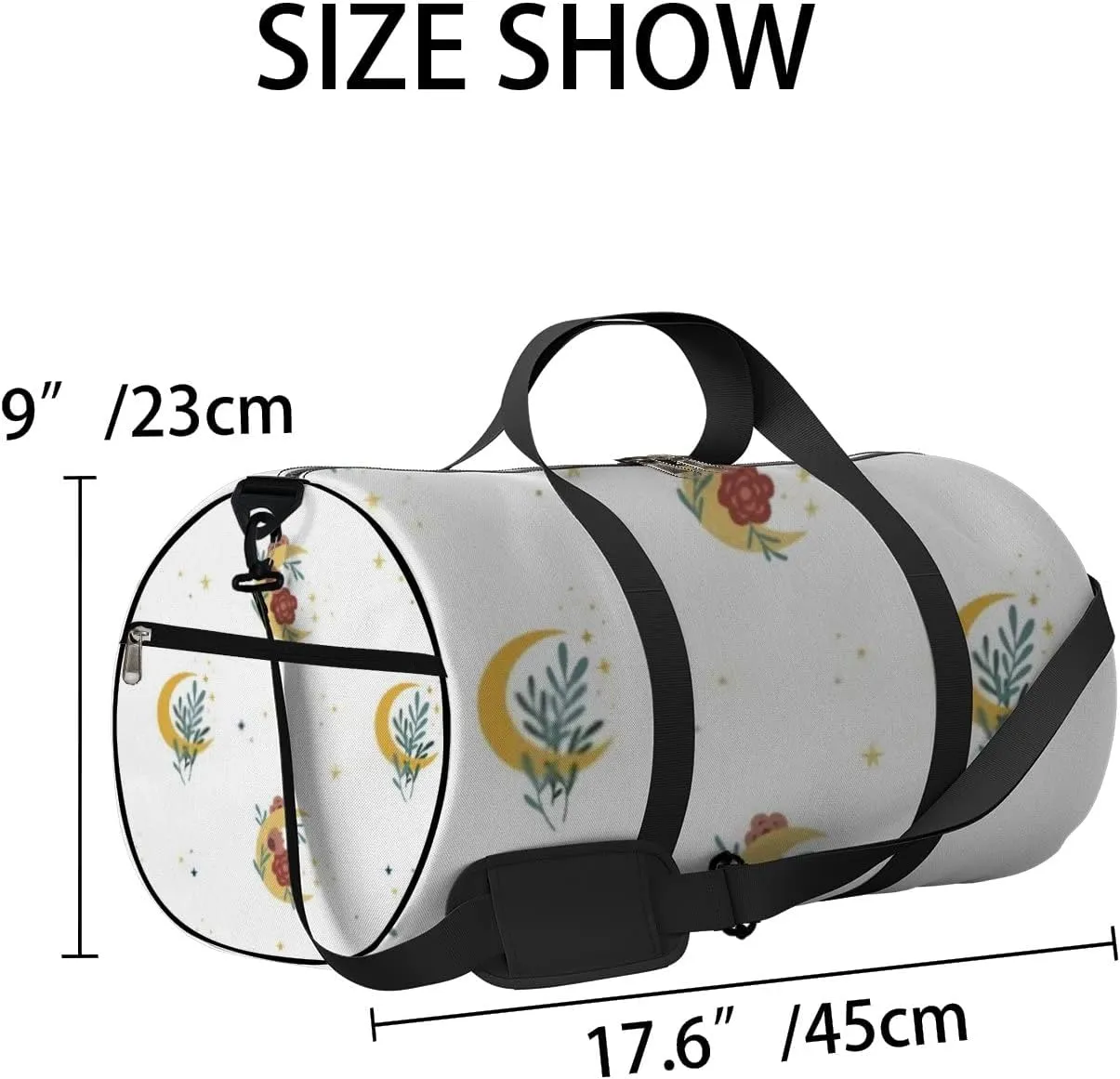Sports Gym Bag for Women and Men Waterproof Boho Style Moon Flowers White Duffel Bag Lightweight Carryon Traveling Boarding Gripsack