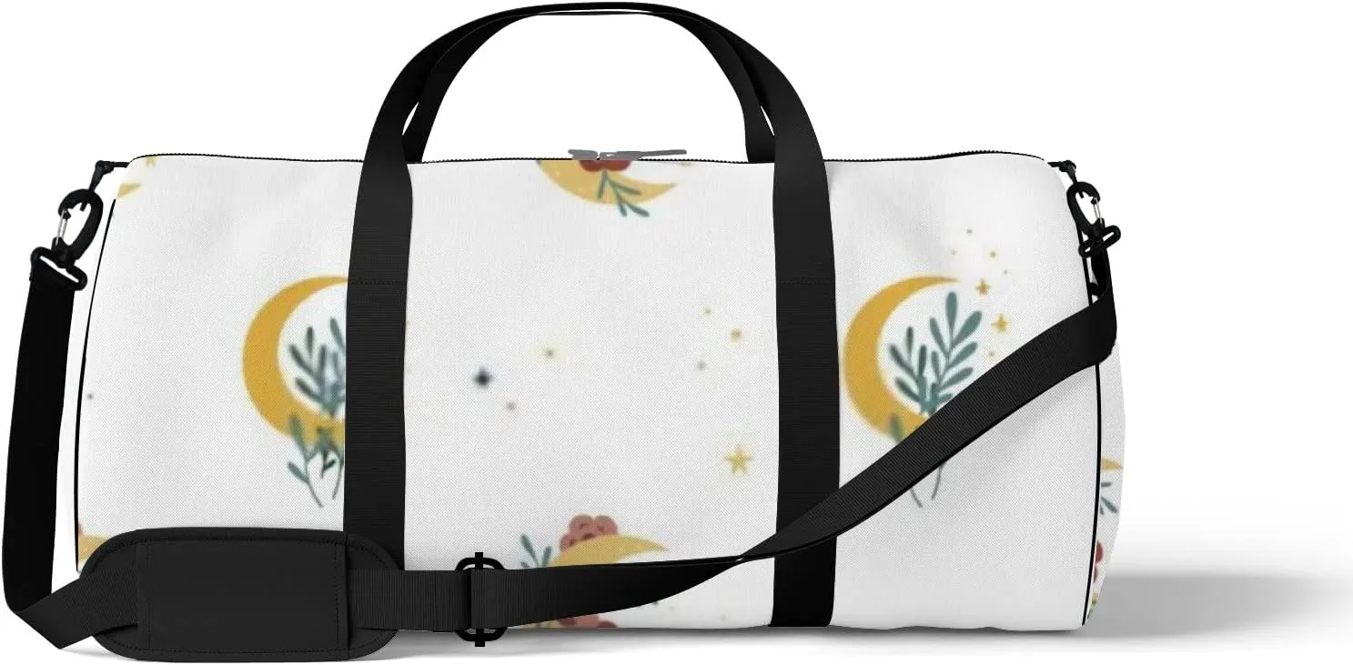 Sports Gym Bag for Women and Men Waterproof Boho Style Moon Flowers White Duffel Bag Lightweight Carryon Traveling Boarding Gripsack