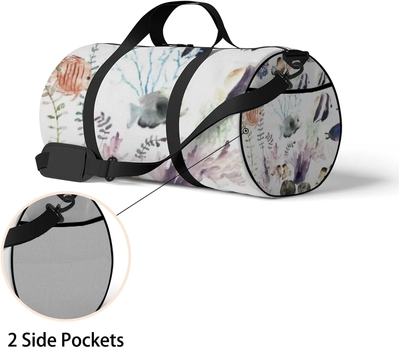 Sports Gym Bag for Women and Men Waterproof Cartoon Fishes Floral Watercolor Duffel Bag Lightweight Carryon Traveling Boarding Gripsack