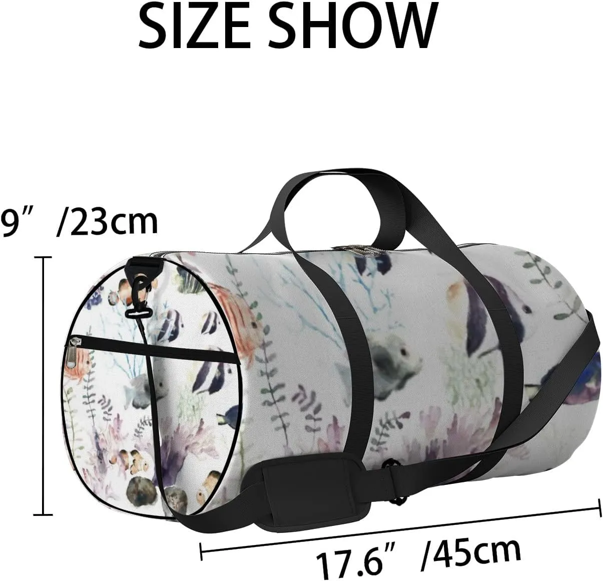 Sports Gym Bag for Women and Men Waterproof Cartoon Fishes Floral Watercolor Duffel Bag Lightweight Carryon Traveling Boarding Gripsack