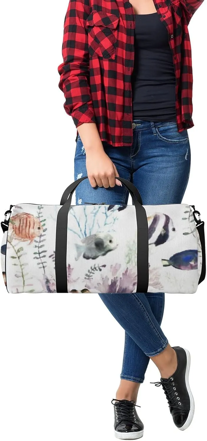 Sports Gym Bag for Women and Men Waterproof Cartoon Fishes Floral Watercolor Duffel Bag Lightweight Carryon Traveling Boarding Gripsack