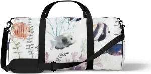 Sports Gym Bag for Women and Men Waterproof Cartoon Fishes Floral Watercolor Duffel Bag Lightweight Carryon Traveling Boarding Gripsack